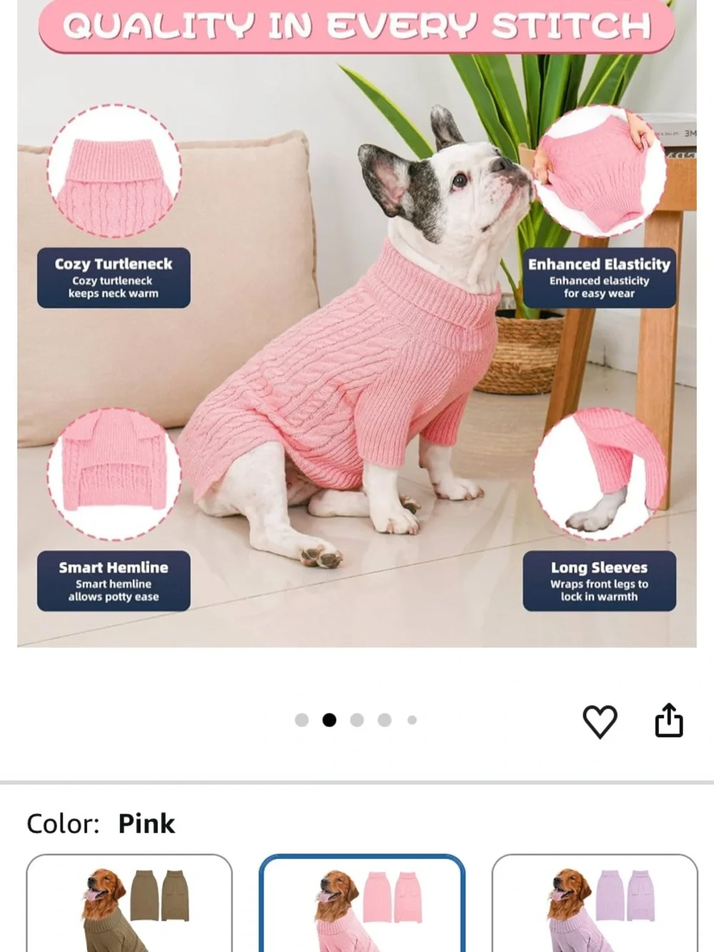 Dog Sweater for Large Dogs, Long Sleeve, Size L Stretchy cable knit